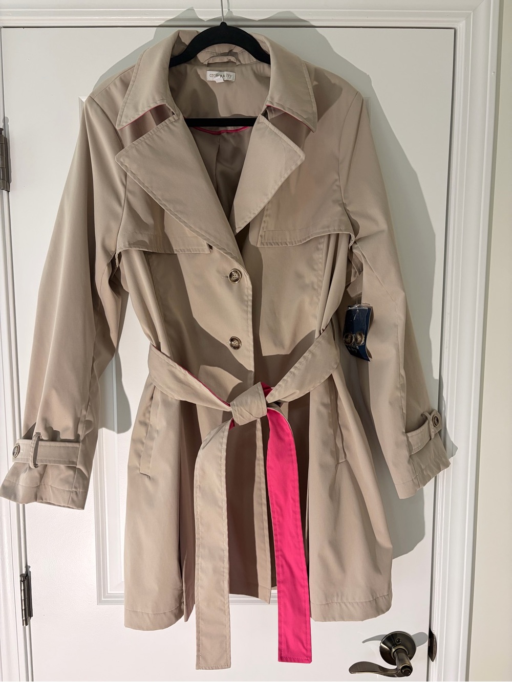 crown & ivy Beige Trench Coat with Pink Accent Belt NEW WITH TAGS! XXL